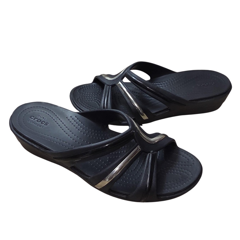 Crocs Sandals Womens Size 9 Black Strappy Wedge Slide Comfort Casual Shoes